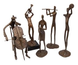 A collection of five Bronzart figural sculptures, contemporary bronzes, all musicians, one on