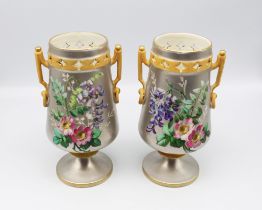 A pair of Paris Porcelain platinum ground vases circa 1880. In the Japonisme taste, finely painted