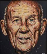 Motorsport: A framed, original, Paul Oz, Sir Stirling Moss portrait, signed by Sir Moss himself in