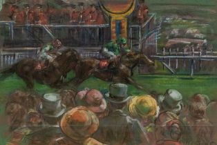 An original pastel artwork of a horse racing scene signed by Claire Eva Burton (b.1955)