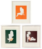 Three signed Natasha Law prints of female form, no titles but all on coloured grounds, all