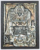 Tony Enebeli 'Weavers' original metal foil etching. 15cm x 20cm etching size, 17.5cm x 22.2cm