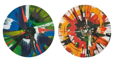 Two spin paintings in the style of Damien Hirst. Acrylic on paper, unsigned. 43cm diameter.