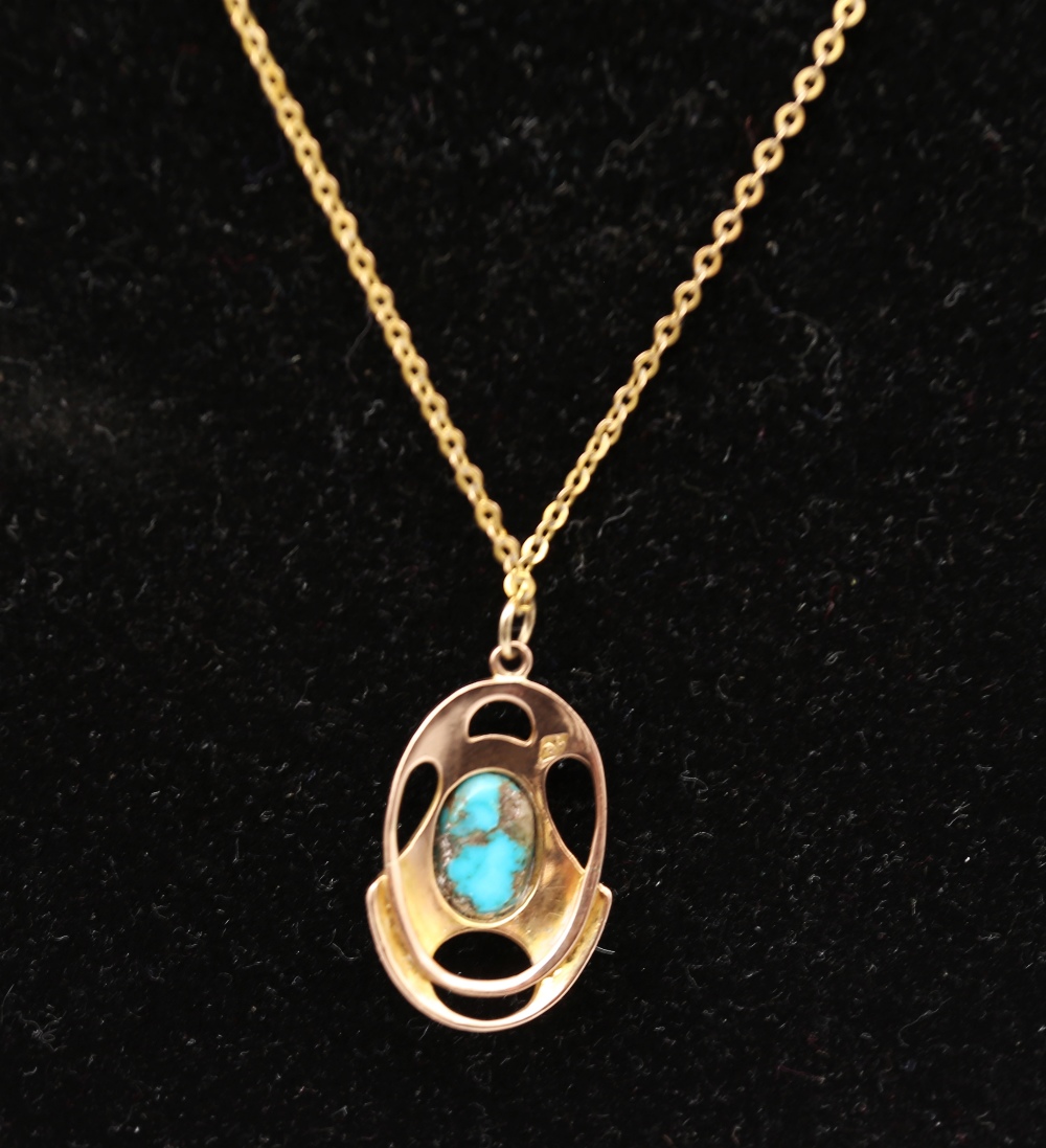 An early 20th century Liberty Style Jugendstil / Art Nouveau 9ct gold and turquoise pendant, with - Image 4 of 6
