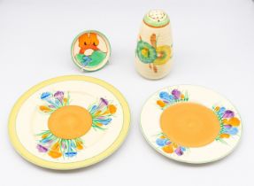 Clarice Cliff - a Poplar patterned pin tray (Newport Pottery), a Crocus pattern tea plate (Royal