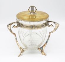 WMF - a Jugendstil Art Nouveau silver plated biscuit barrel, with clear glass U shaped liner