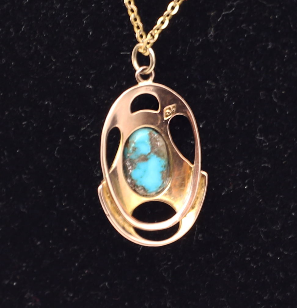 An early 20th century Liberty Style Jugendstil / Art Nouveau 9ct gold and turquoise pendant, with - Image 5 of 6