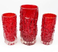 Whitefriars Glass - Three cylindrical textured Bark vases, two the same approx. 18.8cm high, the