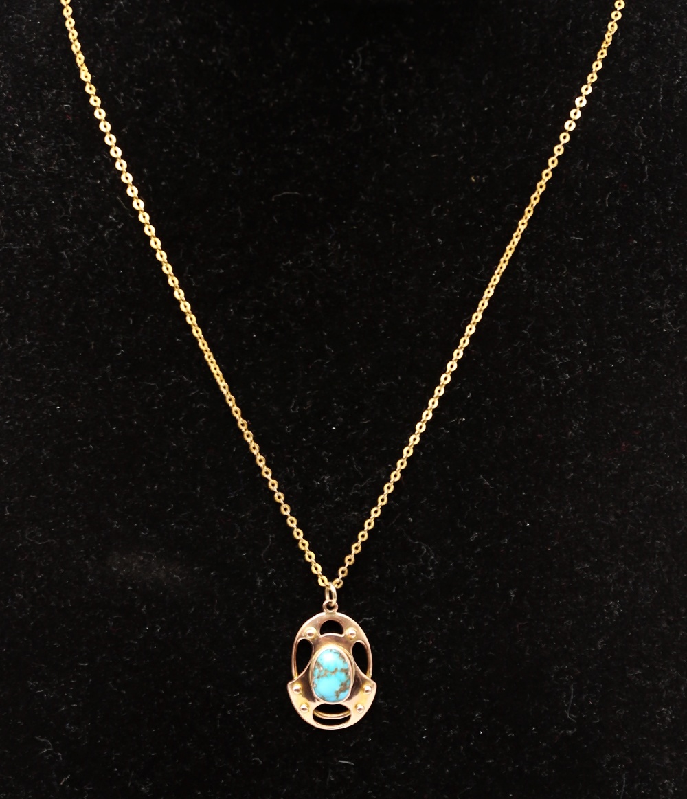 An early 20th century Liberty Style Jugendstil / Art Nouveau 9ct gold and turquoise pendant, with - Image 6 of 6