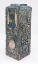 Troika Pottery - A tall rectangular columned moulded vase, having abstract blue and grey and