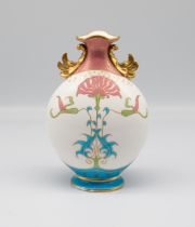 A Minton twin handled vase with bright raised enamels in the manner of Dr Christopher Dresser. Circa