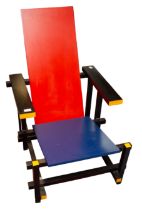 After Gerrit Rietveld - A red and blue Bauhaus, 20th century Cassina style abstract chair of angular