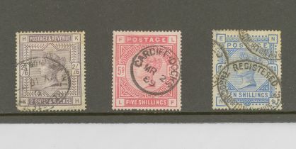 GB - QV High Value Trio with SG 179 ( 2/6- ) SG 180 ( 5/- ) and SG 183 ( 10/-) all used, 2/6- with