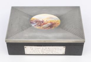 A WW2 cigarette box with Homeguard engraved plaque & Royal Worcester oval by Raymond Rushton. The