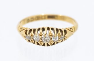 A diamond and 18ct gold five-stone boat-head ring, width approx 6mm, size N, total gross weight