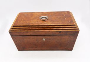 Early Victorian walnut sarcophagus tea caddy with box wood inlay, green and black tea compartments