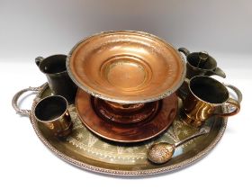 A large silver plated oval twin handled serving tray along with pub pewter from The Angel Inn and