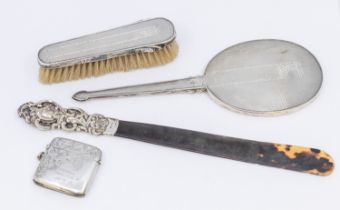 A small collection of silver to include; a Victorian silver and tortoiseshell page turner, handle