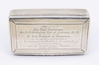 A William IV silver snuff box of rectangular form, ribbed sides and engine turned decoration, gilt