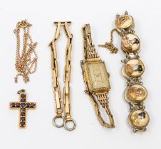 A collection of jewellery to include a silver gilt Meiji period Satsuma bracelet, comprising round