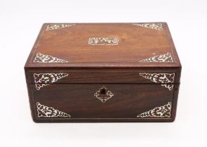 19th Century mahogany and mother of pearl inlayed sewing box with lift out internal tray.