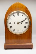 Mid to late 19th Century 8 day mahogany mantle clock with arched case, round dial, Roman numerals,