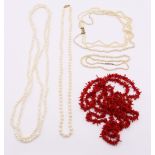 A collection of necklaces comprising four cultured pearl necklaces including a graduated single