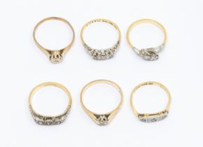 A collection of  diamond set 9ct gold rings including two small solitaires and four rings each set