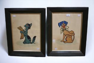 Two 20th century framed and glazed watercolours of fun character animals, one a cat with music sheet