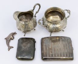 A small collection of silver and white metal items to include; a George V silver rectangular