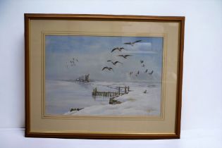 Michael Kitchen-Hurle (b. 1941) Geese in snow scene, watercolour, dated (19)87 framed and glazed,