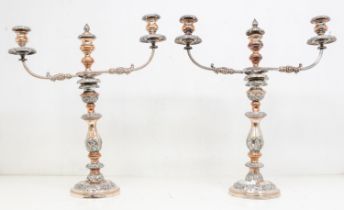 A pair of large 19th Century twin branch Sheffield plate candelabras with foliage detail,