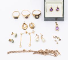 A pair of amethyst and 9ct gold pear shaped earrings, length approx 10mm, along with a similar