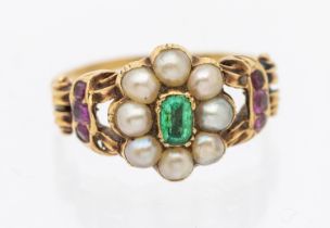 A late Georgian/early Victorian pearl, emerald, ruby set gold ring, comprising a floral motif set to