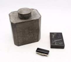 A late 19th century Chinese zinc tea cannister with engraved and chased chinoiseries and traditional