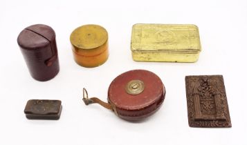 A mixed lot to include; a WWI Princess Mary tin, no contents, a circular painted wooden trinket box,