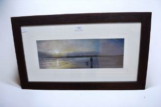 A watercolour  of a beach scene at sunset by contemporary artist Graham Clark, signed by the