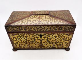 A fine Victorian rosewood tea caddy, sarcophagus shape having intricate brass inlay, the interior