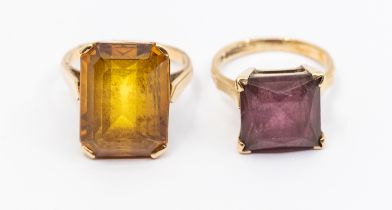 Two 9ct gold  stone set rings, including a large orange topaz, size approx 17 x 13mm, size P,