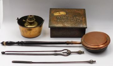 A collection of brass and copper to include coal box, bed pan, jam pan, fire irons and lamp along