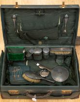 A Finnigans of Manchester vanity cased set, green leather and green fabric interior, with