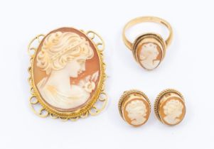 A collection of 9ct gold carved cameo jewellery to include a brooch, within fancy mount, length