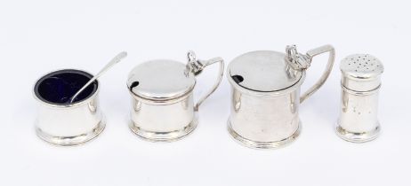 A collection of silver condiments to include; a George V matching silver set consisting of mustard