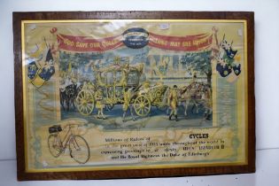 A large framed and glazed commemorative advertising poster, titled "Millions of riders of cycles