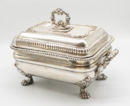 A 19th Century Sheffield plate tureen and cover, oblong with two handled, the cover with