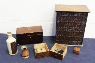 A mixed lot to include; a 19th century rectangular tea caddy, mahogany veneer with inlaid lighter