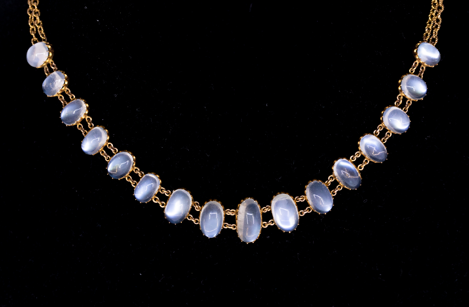 A vintage moonstone and gold choker necklace, comprising a row of graduated oval moonstones to the - Image 3 of 3