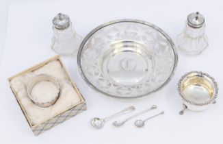 A collection of silver to include; a Sterling silver circular trinket/bonbon dish, pierced design,