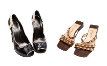 Two pairs of vintage and early 21st Century shoes and sandals, Versace black patent wedge peep toes,