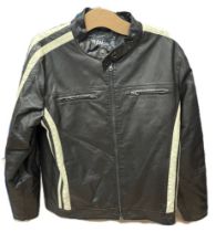 Five gentleman's leather jackets and one non-leather: two biker jackets, two brown and one navy blue
